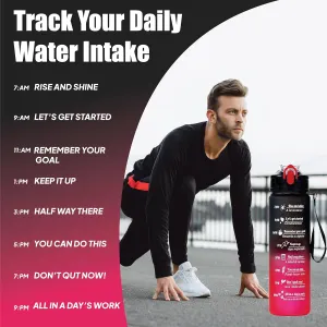 Zaak Reusable 1 Liter Motivational Water Bottle 32oz with Straw & Time Marker - BPA-Free Plastic, Durable Hydration, Includes Free Brush (Black-Green)