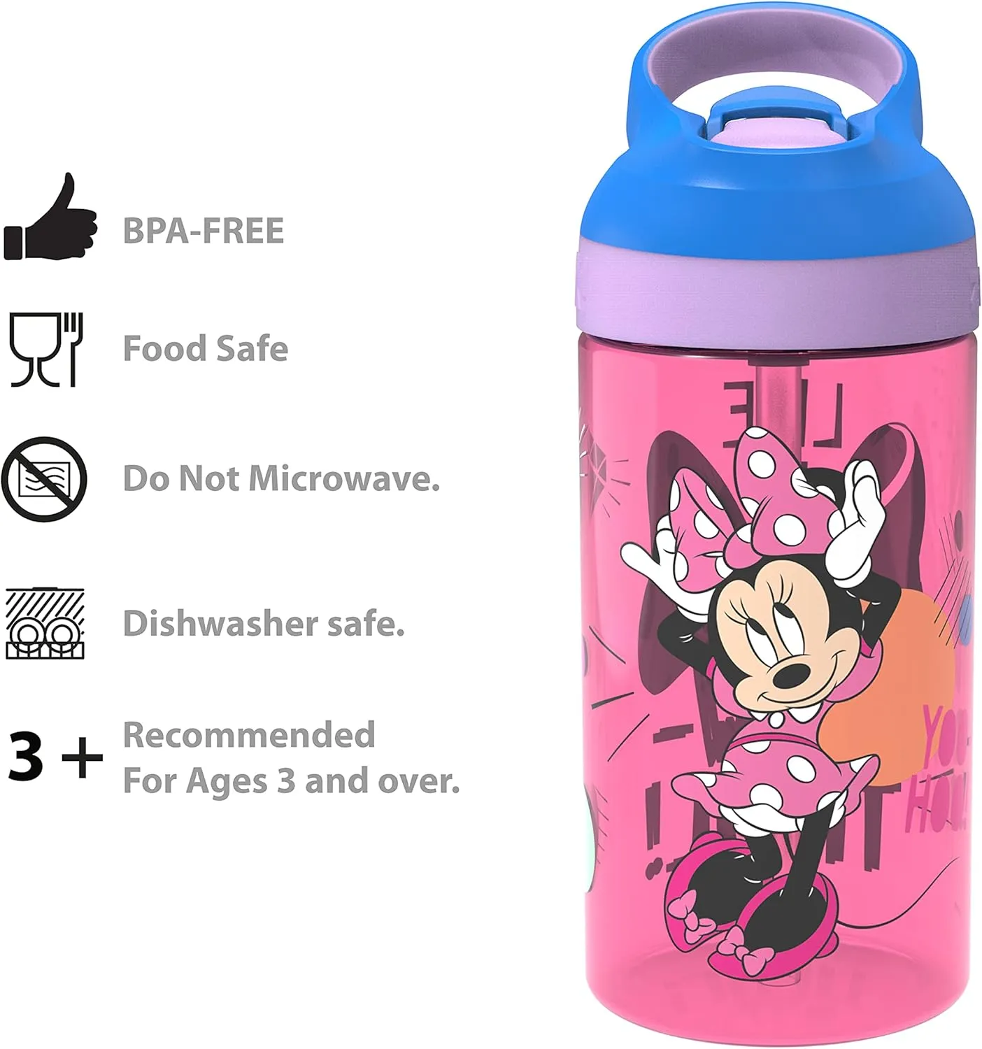 Zak Designs 5-Piece Dinnerware Set, Disney Minnie Mouse - Durable Plastic & Stainless Steel - Includes Water Bottle, 8-Inch Plate, 6-Inch Bowl, Fork & Spoon - Suitable for Kids Ages 3 