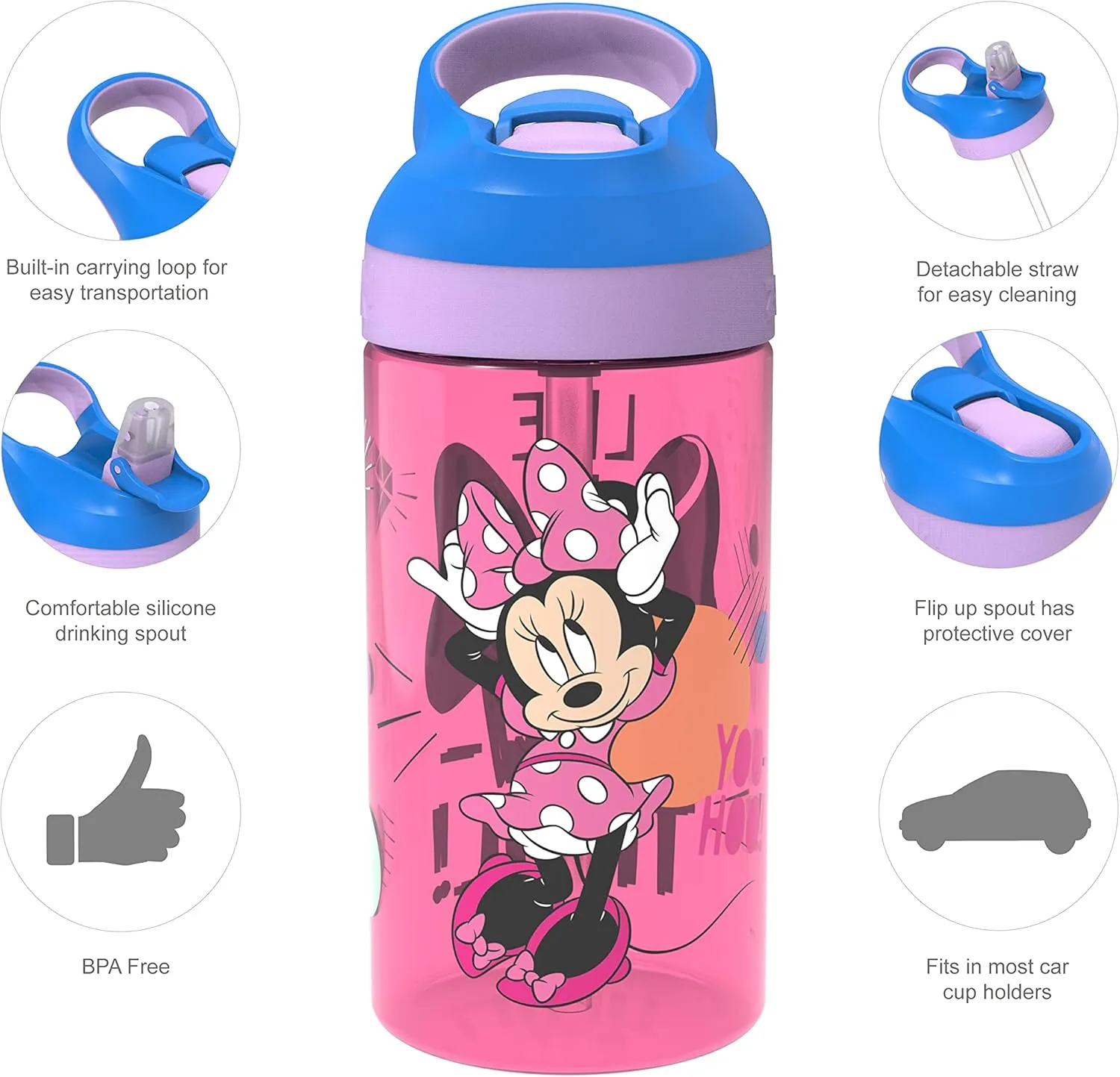 Zak Designs 5-Piece Dinnerware Set, Disney Minnie Mouse - Durable Plastic & Stainless Steel - Includes Water Bottle, 8-Inch Plate, 6-Inch Bowl, Fork & Spoon - Suitable for Kids Ages 3 