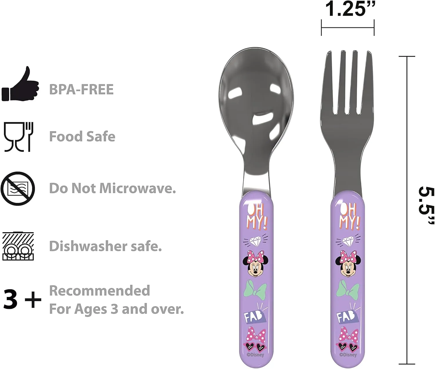 Zak Designs 5-Piece Dinnerware Set, Disney Minnie Mouse - Durable Plastic & Stainless Steel - Includes Water Bottle, 8-Inch Plate, 6-Inch Bowl, Fork & Spoon - Suitable for Kids Ages 3 