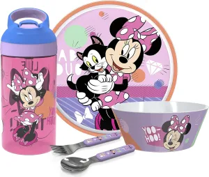 Zak Designs 5-Piece Dinnerware Set, Disney Minnie Mouse - Durable Plastic & Stainless Steel - Includes Water Bottle, 8-Inch Plate, 6-Inch Bowl, Fork & Spoon - Suitable for Kids Ages 3 