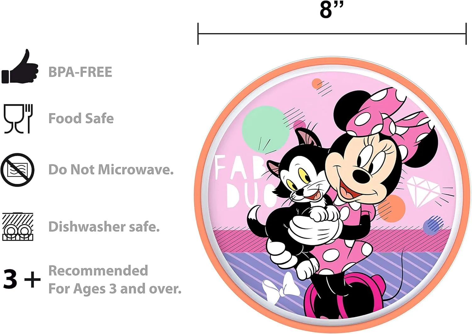Zak Designs 5-Piece Dinnerware Set, Disney Minnie Mouse - Durable Plastic & Stainless Steel - Includes Water Bottle, 8-Inch Plate, 6-Inch Bowl, Fork & Spoon - Suitable for Kids Ages 3 