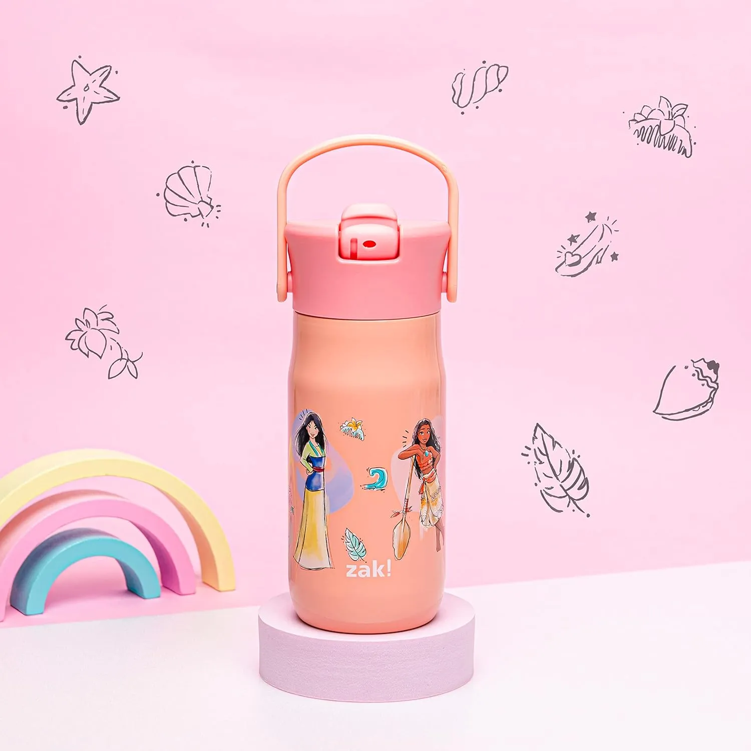Zak Designs Harmony Disney Princess Kid Water Bottle for Travel or At Home, 14oz Recycled Stainless Steel is Leak-Proof When Closed and Vacuum Insulated (Ariel, Mulan, Moana, Cinderella)