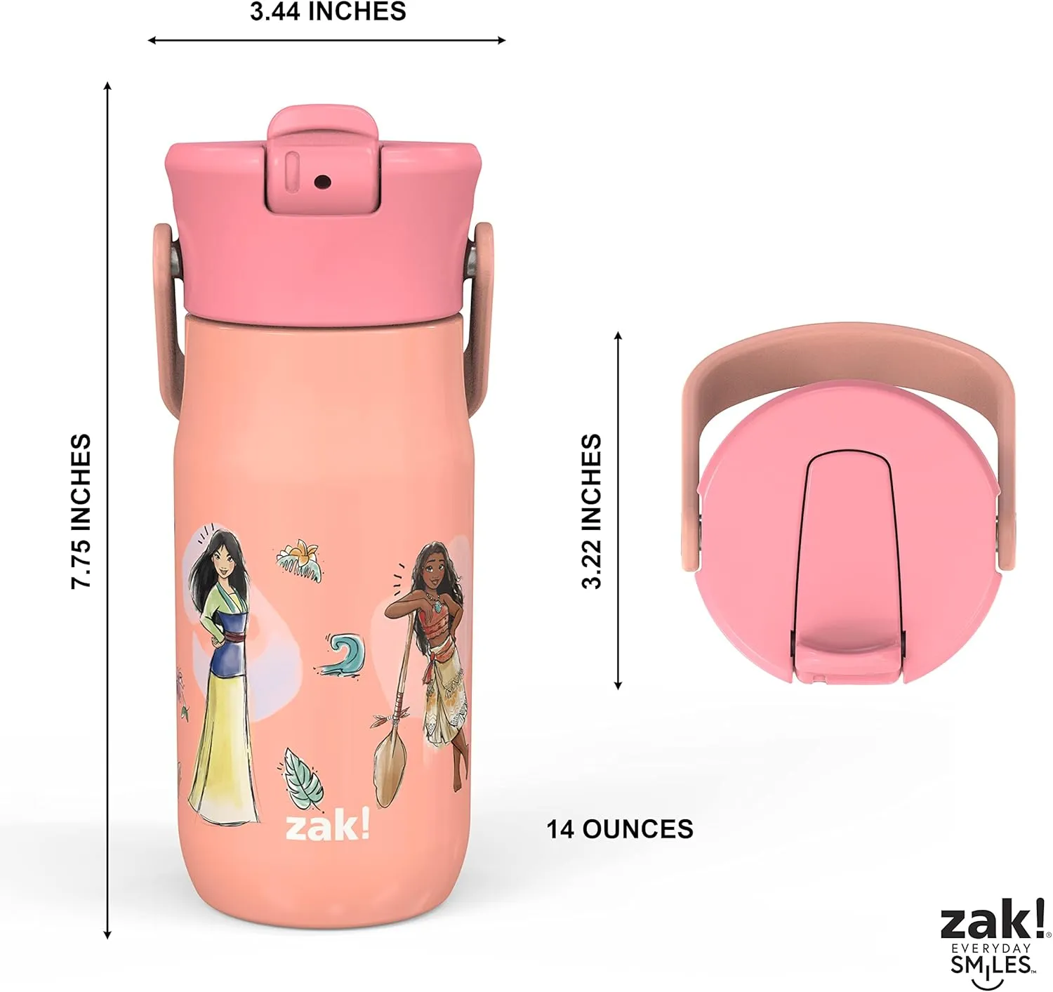 Zak Designs Harmony Disney Princess Kid Water Bottle for Travel or At Home, 14oz Recycled Stainless Steel is Leak-Proof When Closed and Vacuum Insulated (Ariel, Mulan, Moana, Cinderella)