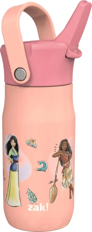 Zak Designs Harmony Disney Princess Kid Water Bottle for Travel or At Home, 14oz Recycled Stainless Steel is Leak-Proof When Closed and Vacuum Insulated (Ariel, Mulan, Moana, Cinderella)