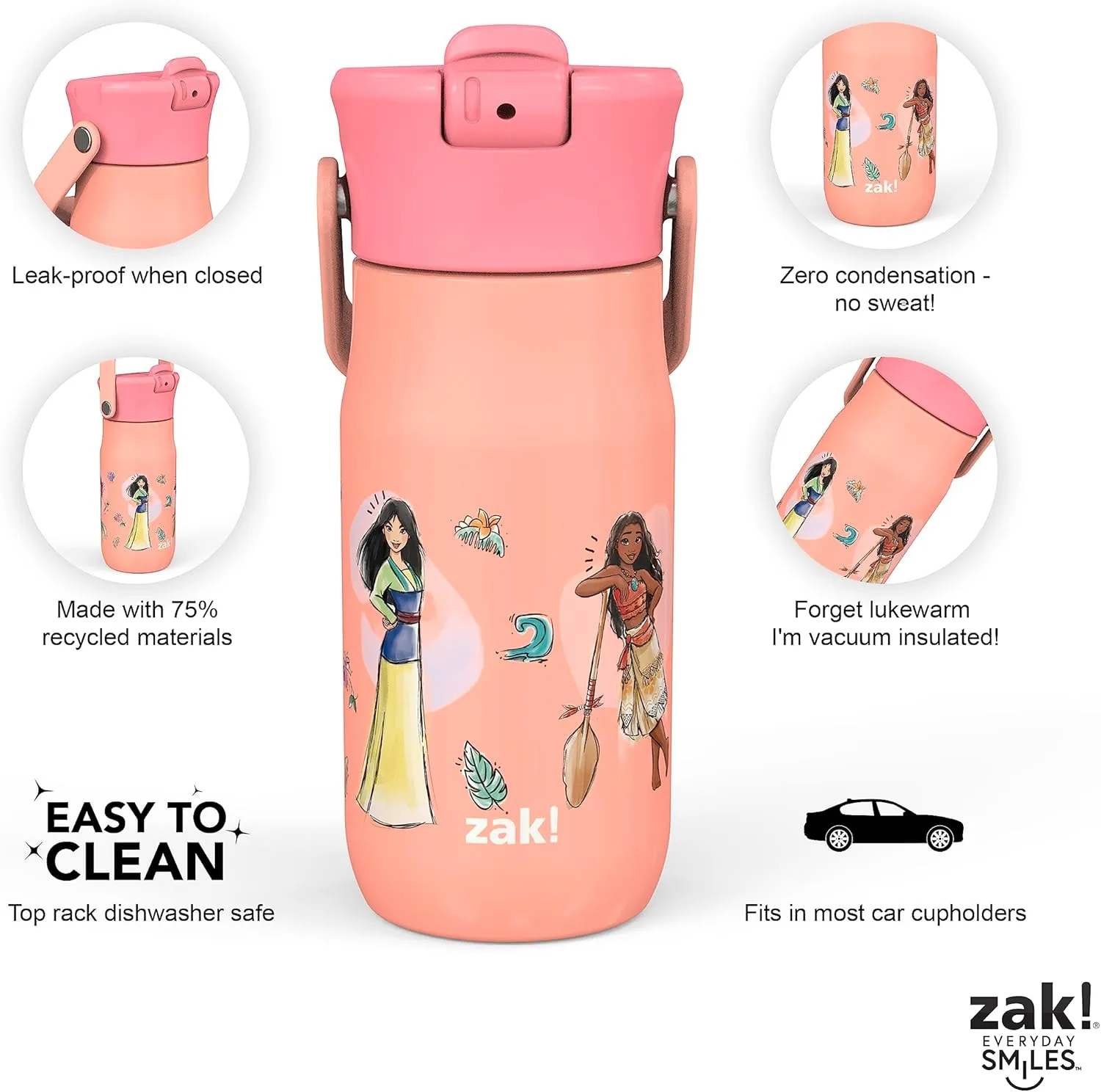 Zak Designs Harmony Disney Princess Kid Water Bottle for Travel or At Home, 14oz Recycled Stainless Steel is Leak-Proof When Closed and Vacuum Insulated (Ariel, Mulan, Moana, Cinderella)