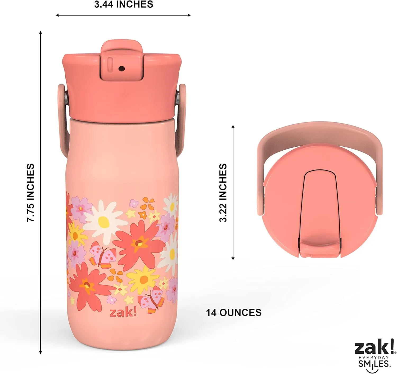 Zak Designs Harmony Kid Water Bottle for Travel or At Home, 14oz Recycled Stainless Steel is Leak-Proof When Closed and Vacuum Insulated (Flower)