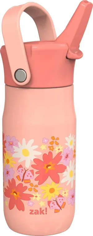 Zak Designs Harmony Kid Water Bottle for Travel or At Home, 14oz Recycled Stainless Steel is Leak-Proof When Closed and Vacuum Insulated (Flower)