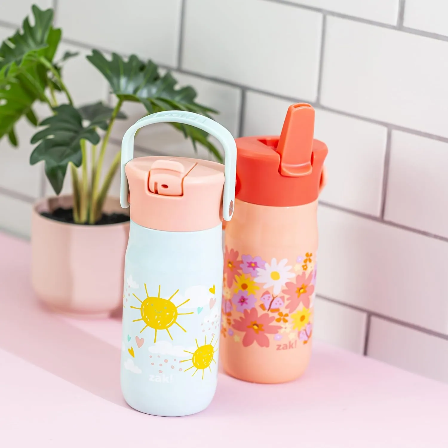 Zak Designs Harmony Kid Water Bottle for Travel or At Home, 14oz Recycled Stainless Steel is Leak-Proof When Closed and Vacuum Insulated (Flower)