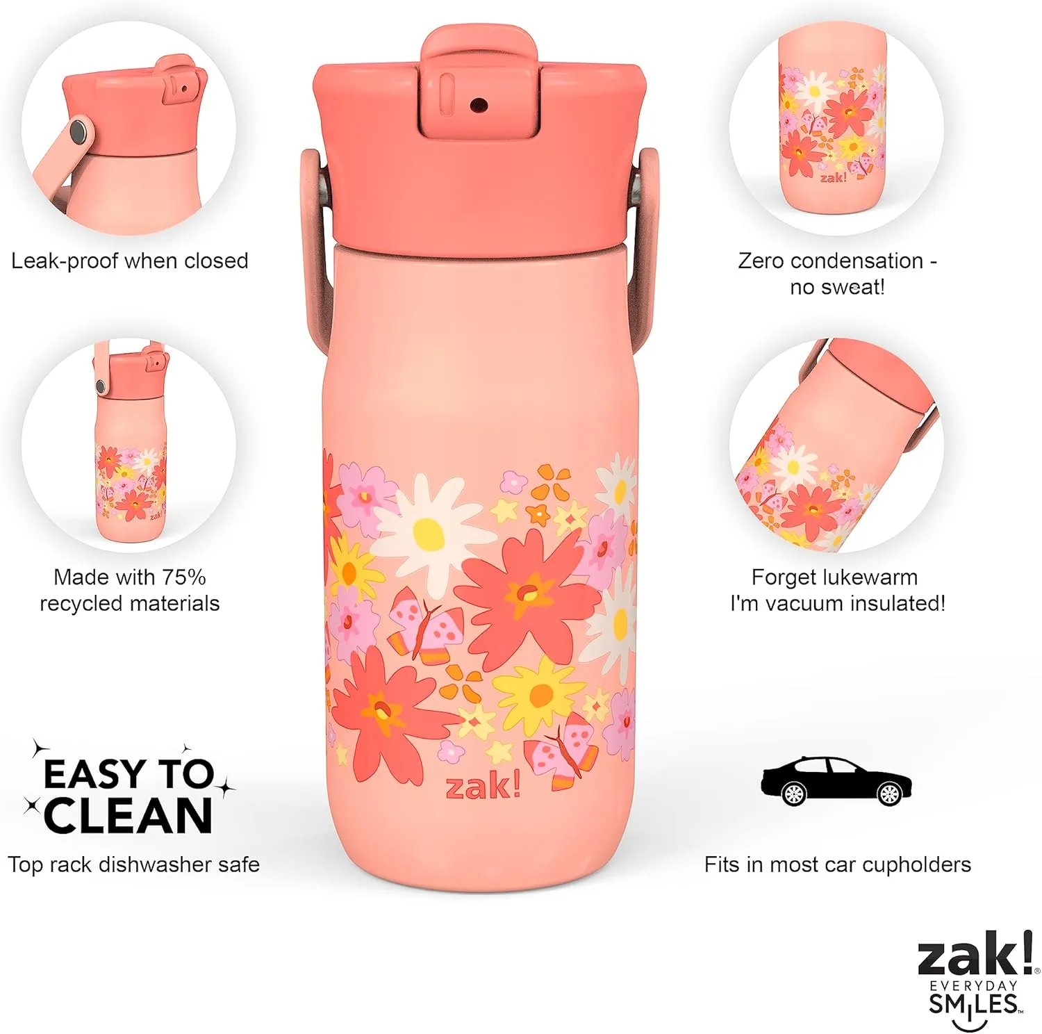 Zak Designs Harmony Kid Water Bottle for Travel or At Home, 14oz Recycled Stainless Steel is Leak-Proof When Closed and Vacuum Insulated (Flower)