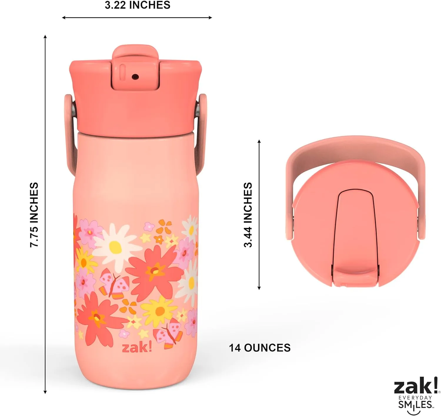 Zak Designs Harmony Kid Water Bottle for Travel or At Home, 14oz Recycled Stainless Steel is Leak-Proof When Closed and Vacuum Insulated (Flower)