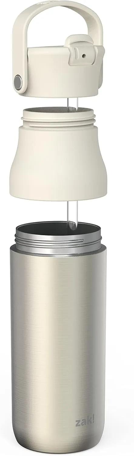 Zak Designs Harmony Water Bottle for Travel or At Home, 32oz Recycled Stainless Steel is Leak-Proof When Closed and Vacuum Insulated with Straw Lid and Carry Handle (Ivory White)