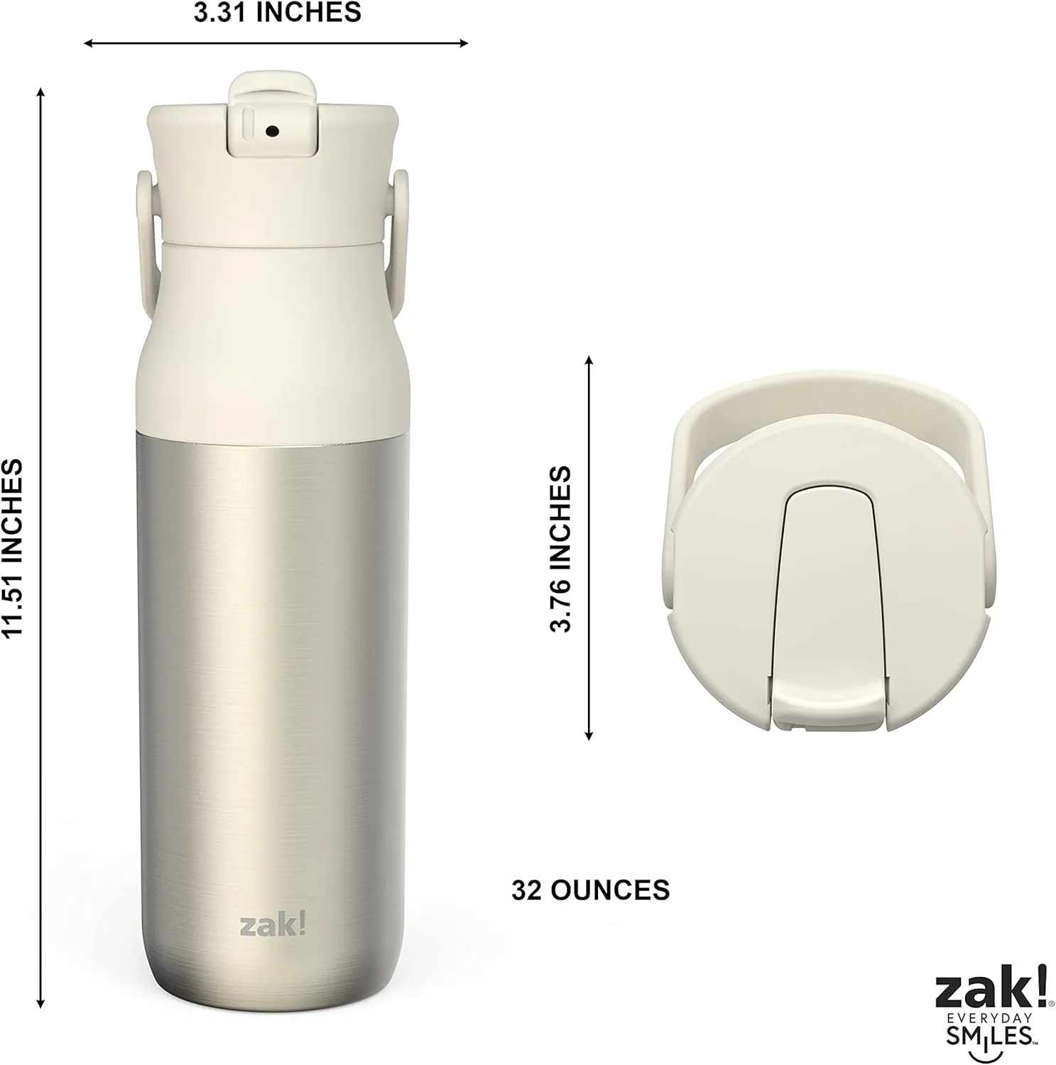 Zak Designs Harmony Water Bottle for Travel or At Home, 32oz Recycled Stainless Steel is Leak-Proof When Closed and Vacuum Insulated with Straw Lid and Carry Handle (Ivory White)