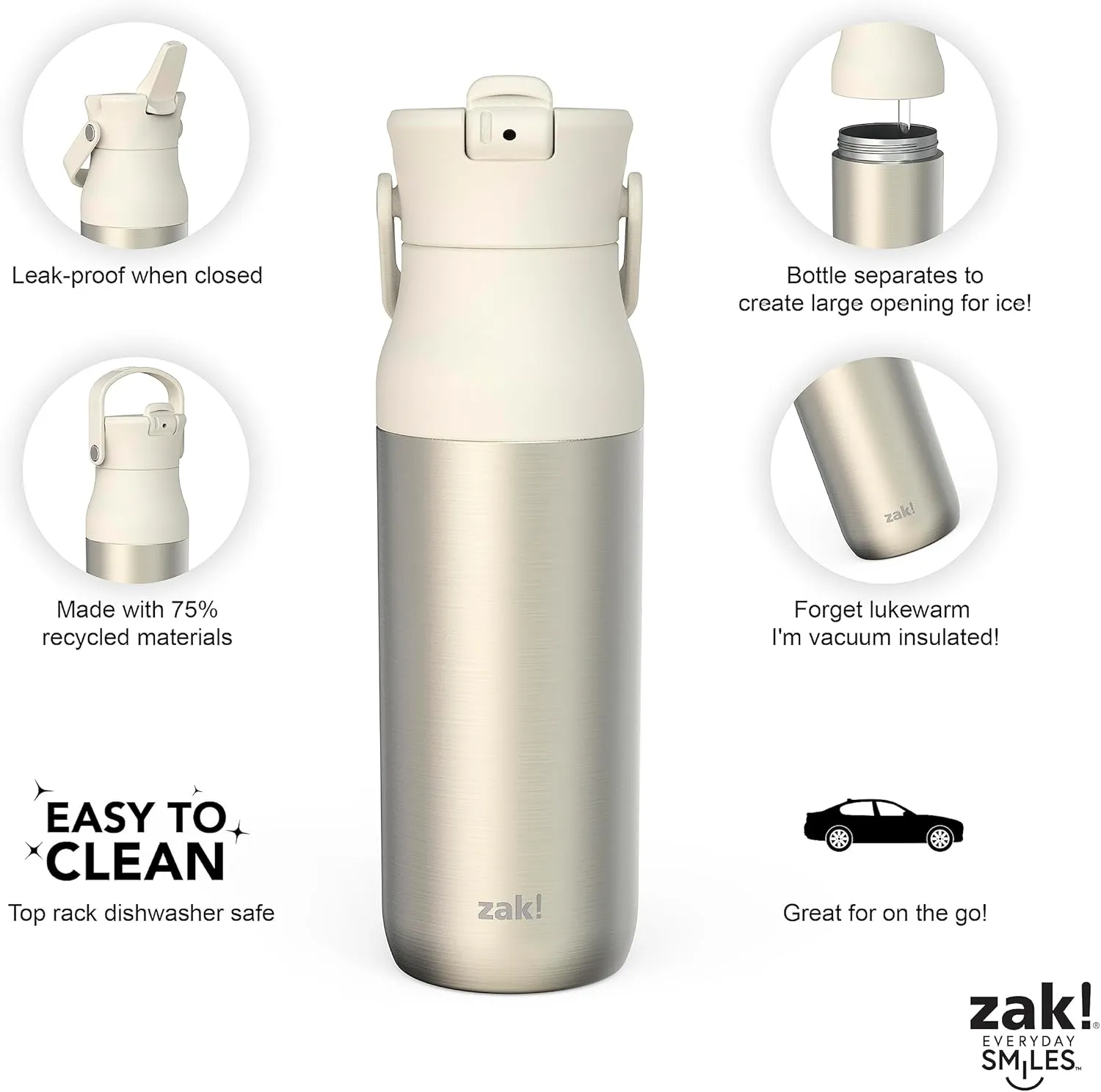Zak Designs Harmony Water Bottle for Travel or At Home, 32oz Recycled Stainless Steel is Leak-Proof When Closed and Vacuum Insulated with Straw Lid and Carry Handle (Ivory White)