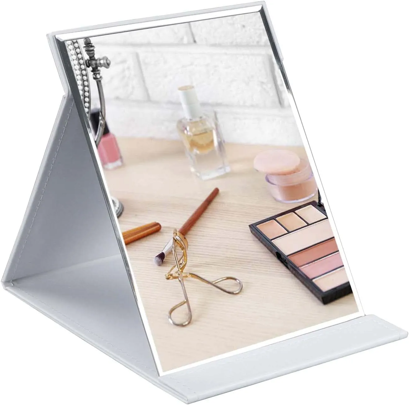 ZBEIVAN 10x7 Inches Portable Folding Makeup Mirror, Frameless PU Leather Desk Mirror with Stand for Camping Travel Tabletop Personal, White