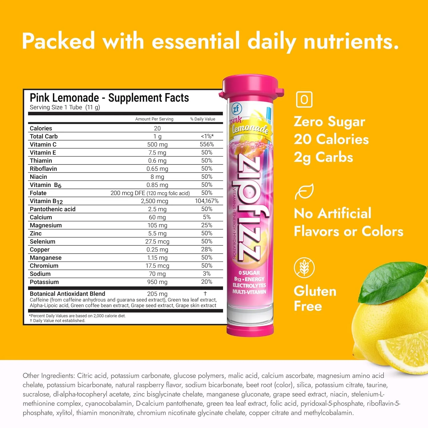 Zipfizz Daily Energy Drink Powder, Pink Lemonade, 20 Pack | 3-in-1 Sustained Energy, Rapid Hydration, and Essential Vitamins | Sugar-Free | Electrolyte Powder | Contains Vitamin B-12 & Antioxidants