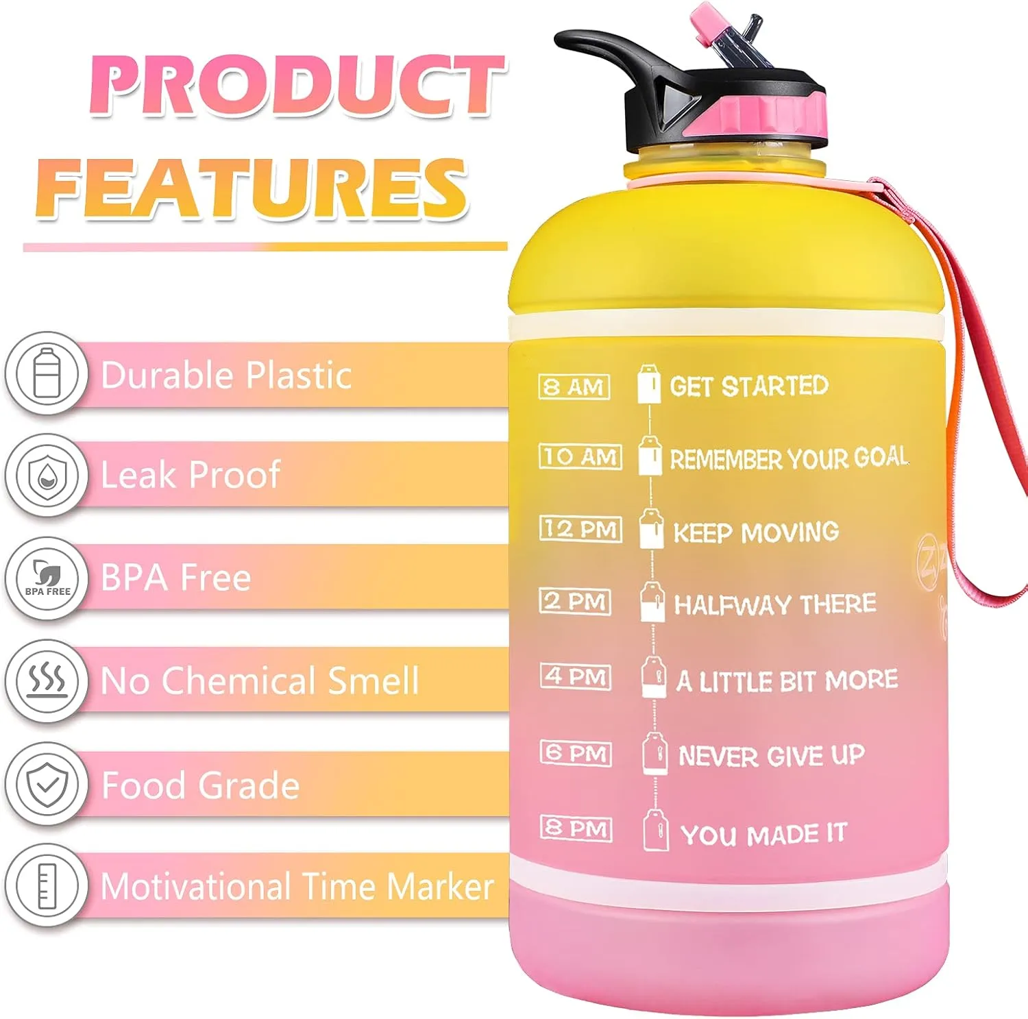 ZOMAKE Gallon Water Bottle with Straw & Time Marker - 64/128 oz Motivational Water Jug BPA Free Leakproof Large Water Bottle Ensure You Drink Enough Water Daily