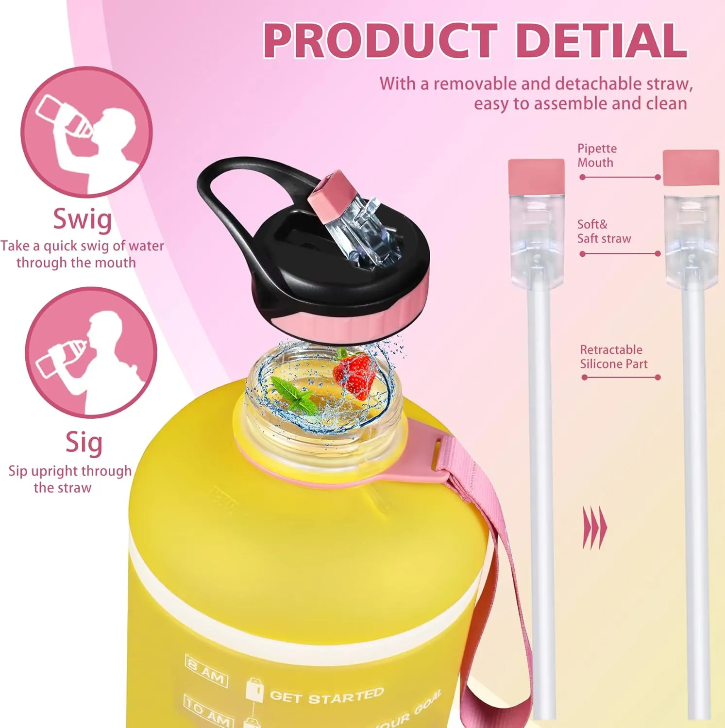 ZOMAKE Gallon Water Bottle with Straw & Time Marker - 64/128 oz Motivational Water Jug BPA Free Leakproof Large Water Bottle Ensure You Drink Enough Water Daily