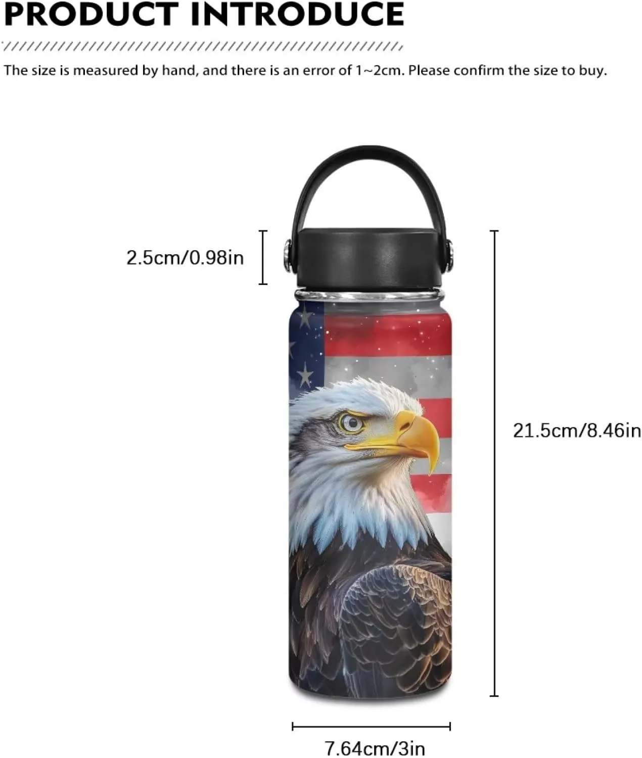 ZOUTAIRONG American Flag Insulated Water Bottle 18 oz, Eagle Pattern Vacuum Stainless Steel Sports Water Jug Flask with Handle for Outdoor Biking