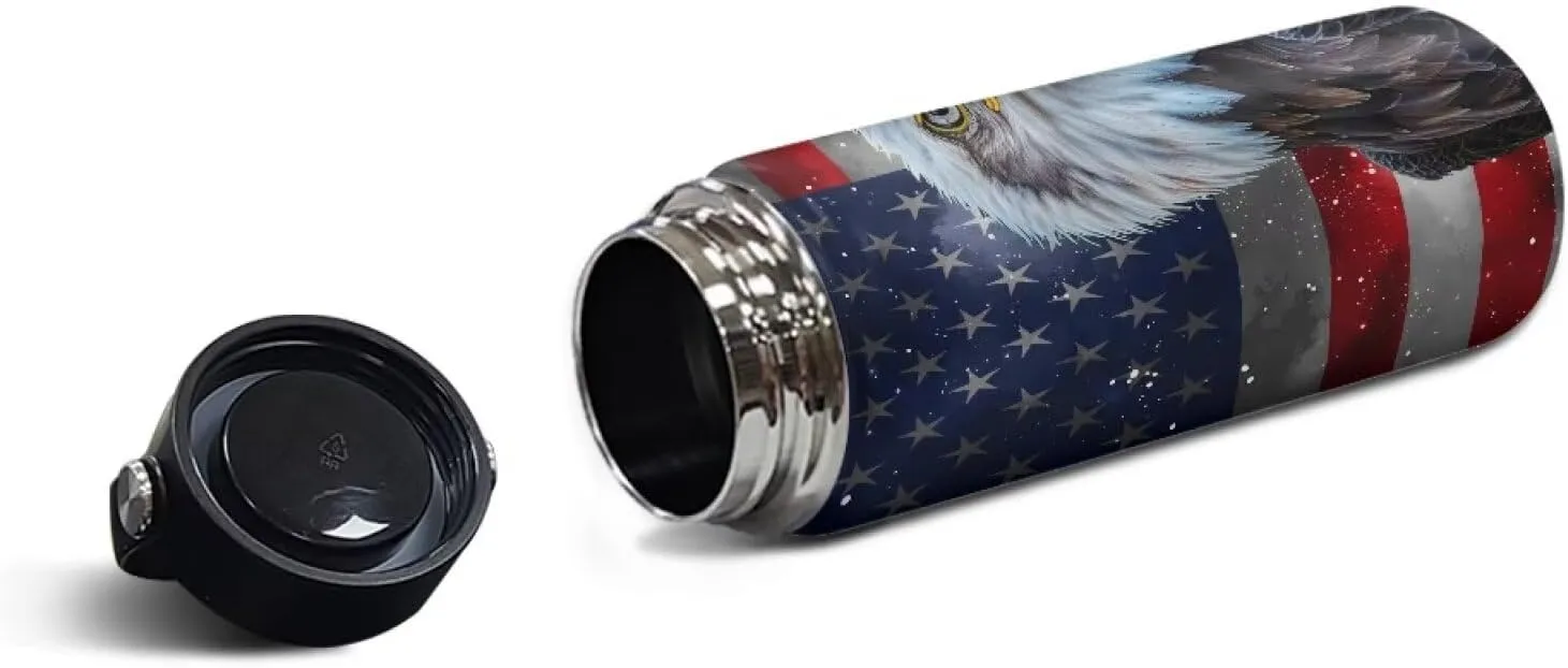 ZOUTAIRONG American Flag Insulated Water Bottle 18 oz, Eagle Pattern Vacuum Stainless Steel Sports Water Jug Flask with Handle for Outdoor Biking