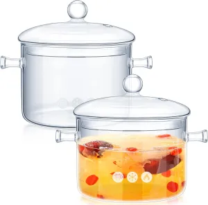 Zubebe 2 Pcs Glass Pots for Cooking on Stove Set Glass Saucepan with Cover Heat Resistant Clear Pots and Pans Set Stovetop Cookware Simmer Pot with Lid for Soup Milk(1.5 L, 1.9 L)