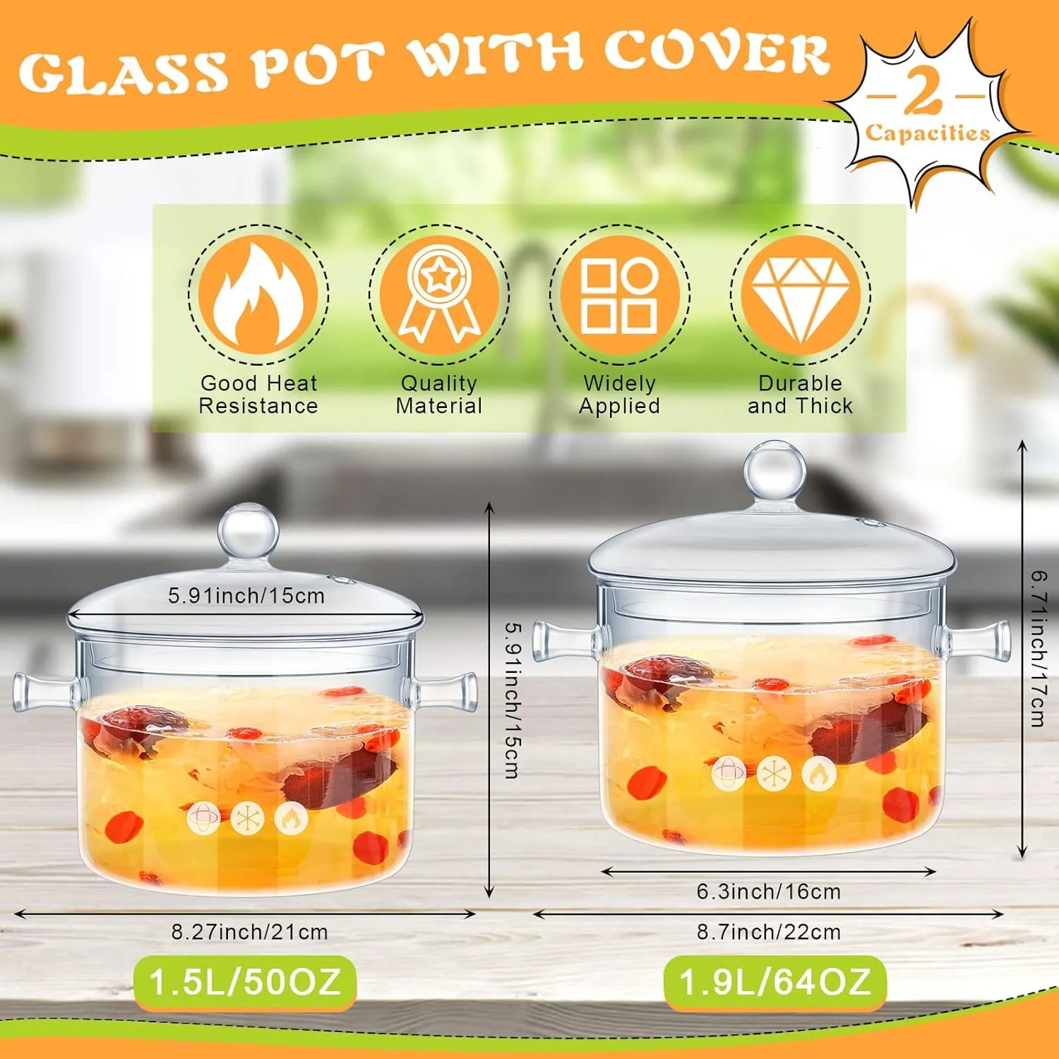 Zubebe 2 Pcs Glass Pots for Cooking on Stove Set Glass Saucepan with Cover Heat Resistant Clear Pots and Pans Set Stovetop Cookware Simmer Pot with Lid for Soup Milk(1.5 L, 1.9 L)