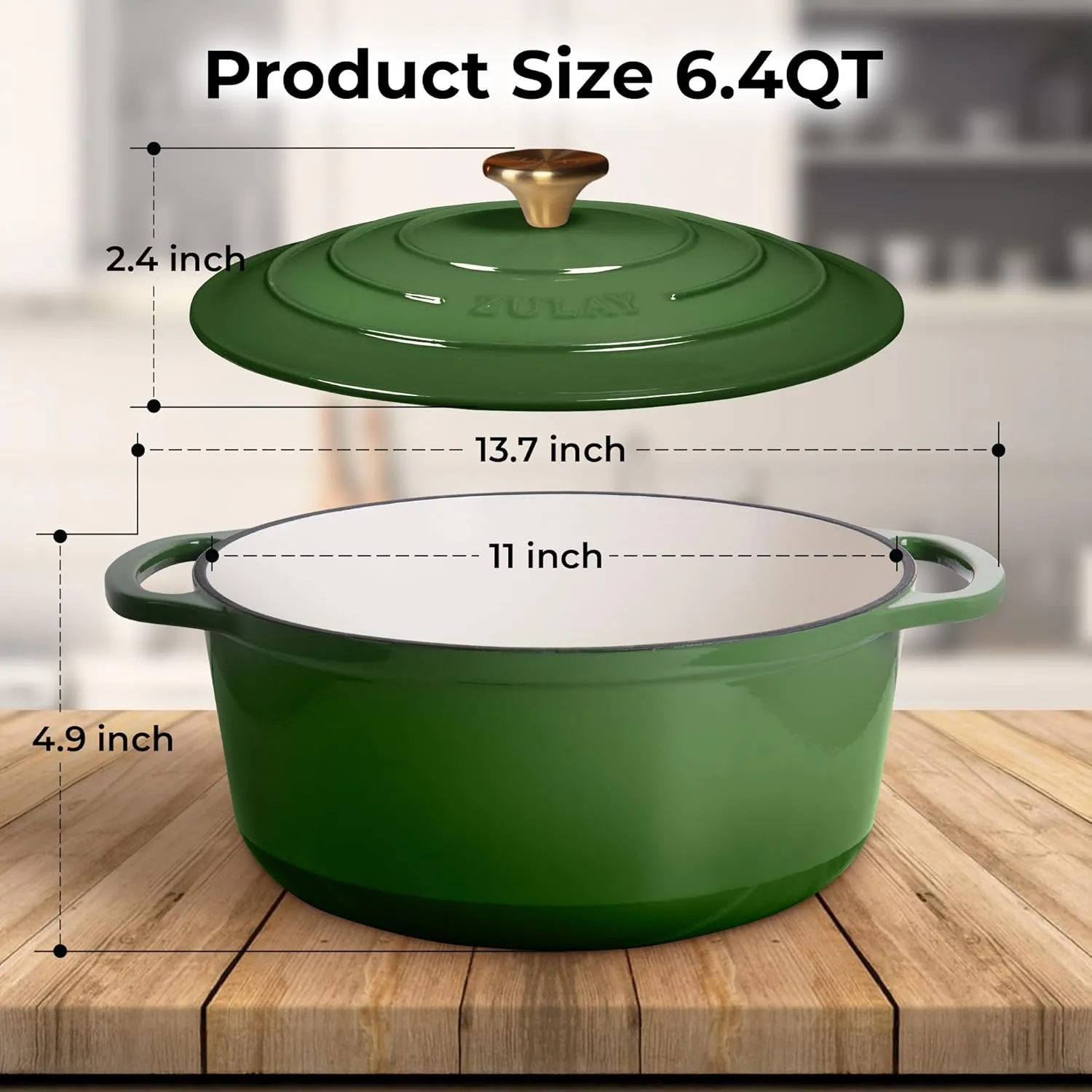 Zulay Kitchen 6 Quart Enameled Cast Iron Dutch Oven with Lid – Premium Durability & Oven Safe up to 500°F – Heavy Duty Cookware Perfect for Bread Baking, Stews, Braising & Roasting – Green