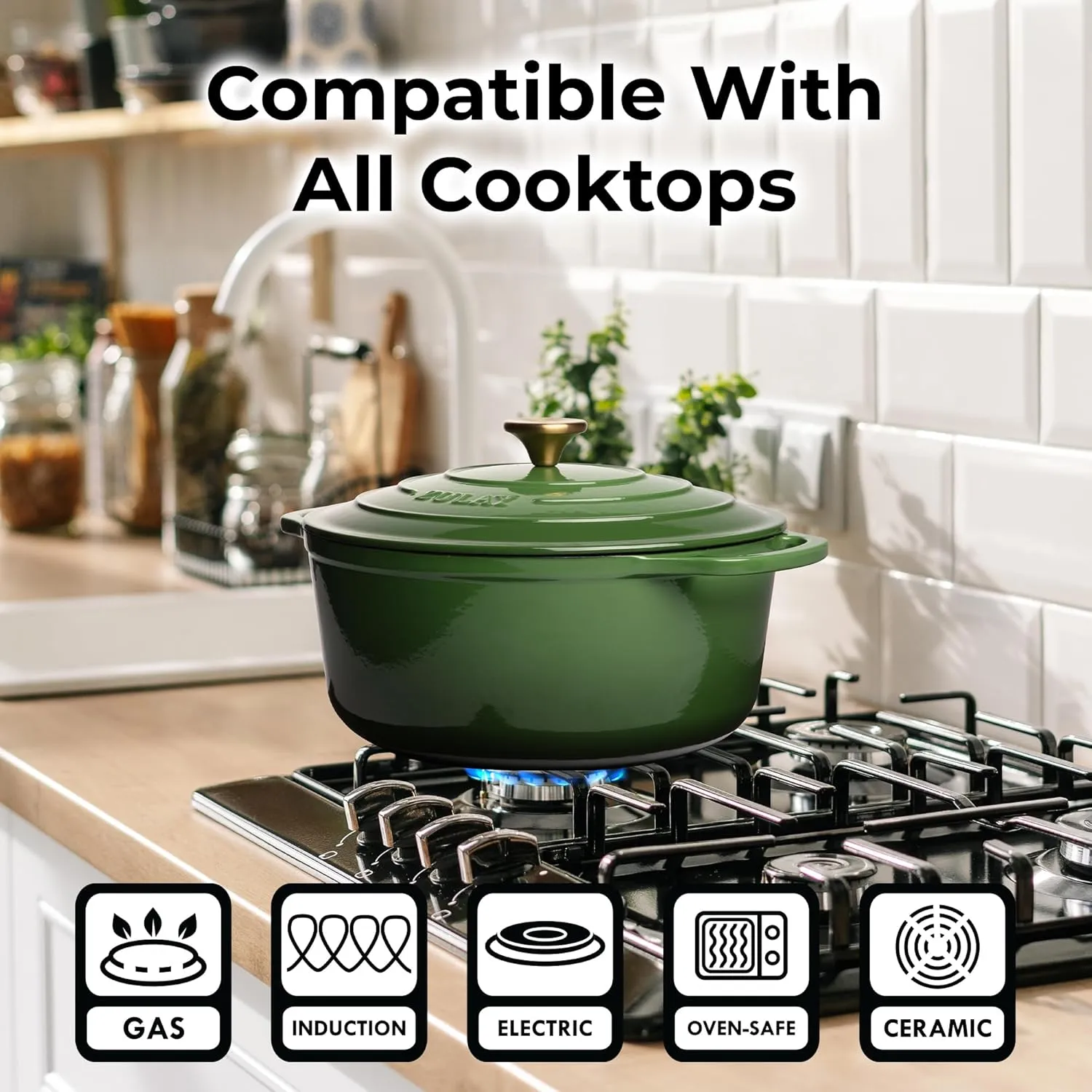 Zulay Kitchen 6 Quart Enameled Cast Iron Dutch Oven with Lid – Premium Durability & Oven Safe up to 500°F – Heavy Duty Cookware Perfect for Bread Baking, Stews, Braising & Roasting – Green