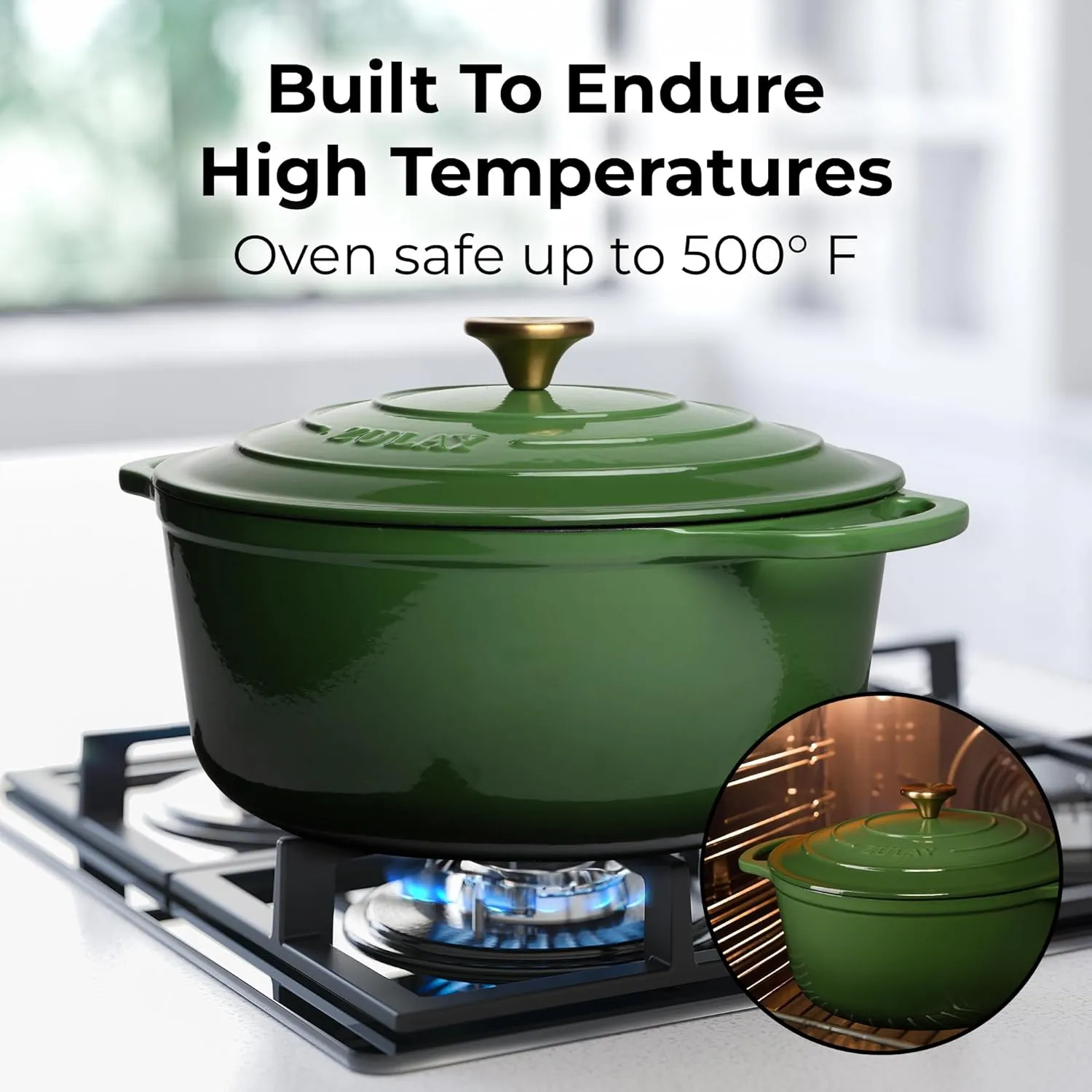 Zulay Kitchen 6 Quart Enameled Cast Iron Dutch Oven with Lid – Premium Durability & Oven Safe up to 500°F – Heavy Duty Cookware Perfect for Bread Baking, Stews, Braising & Roasting – Green