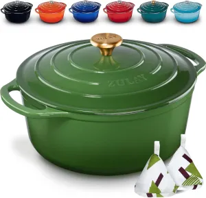 Zulay Kitchen 6 Quart Enameled Cast Iron Dutch Oven with Lid – Premium Durability & Oven Safe up to 500°F – Heavy Duty Cookware Perfect for Bread Baking, Stews, Braising & Roasting – Green