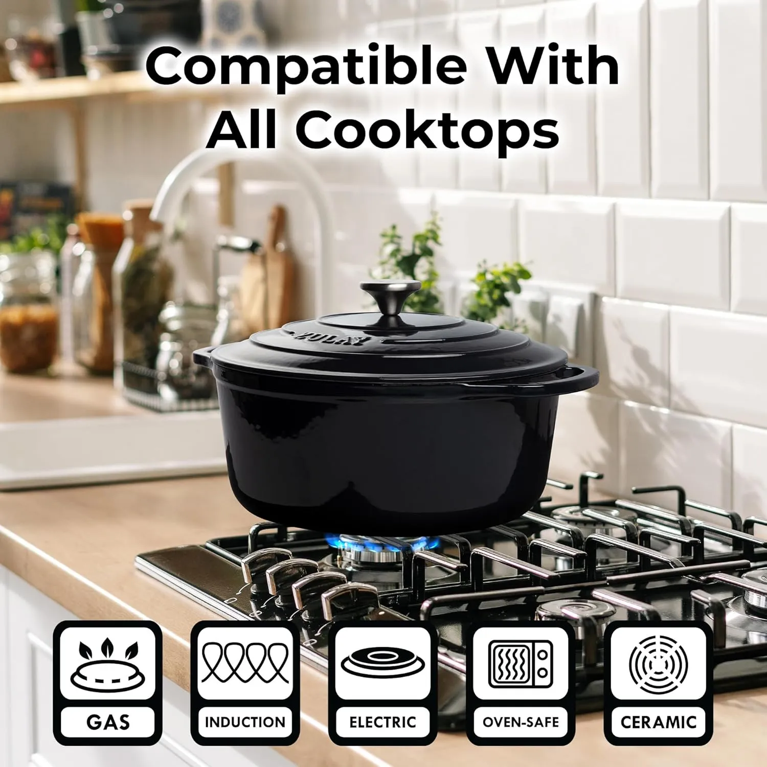 Zulay Kitchen 6 Quart Enameled Cast Iron Dutch Oven with Lid – Premium Durability & Oven Safe up to 500°F – Heavy Duty Cookware Perfect for Bread Baking, Stews, Braising & Roasting – Onyx Black