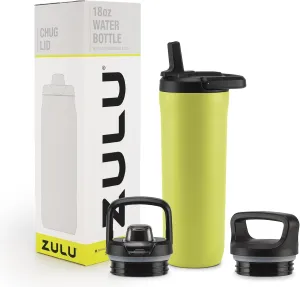 ZULU Base 18oz Kids Stainless Steel Water Bottle with 3 Lids- Straw, Chug, Twist | Double Walled and Vacuum Insulated Metal Thermos | Fits Car Cupholder, Built in Carry Loop, Dishwasher Safe, Guac