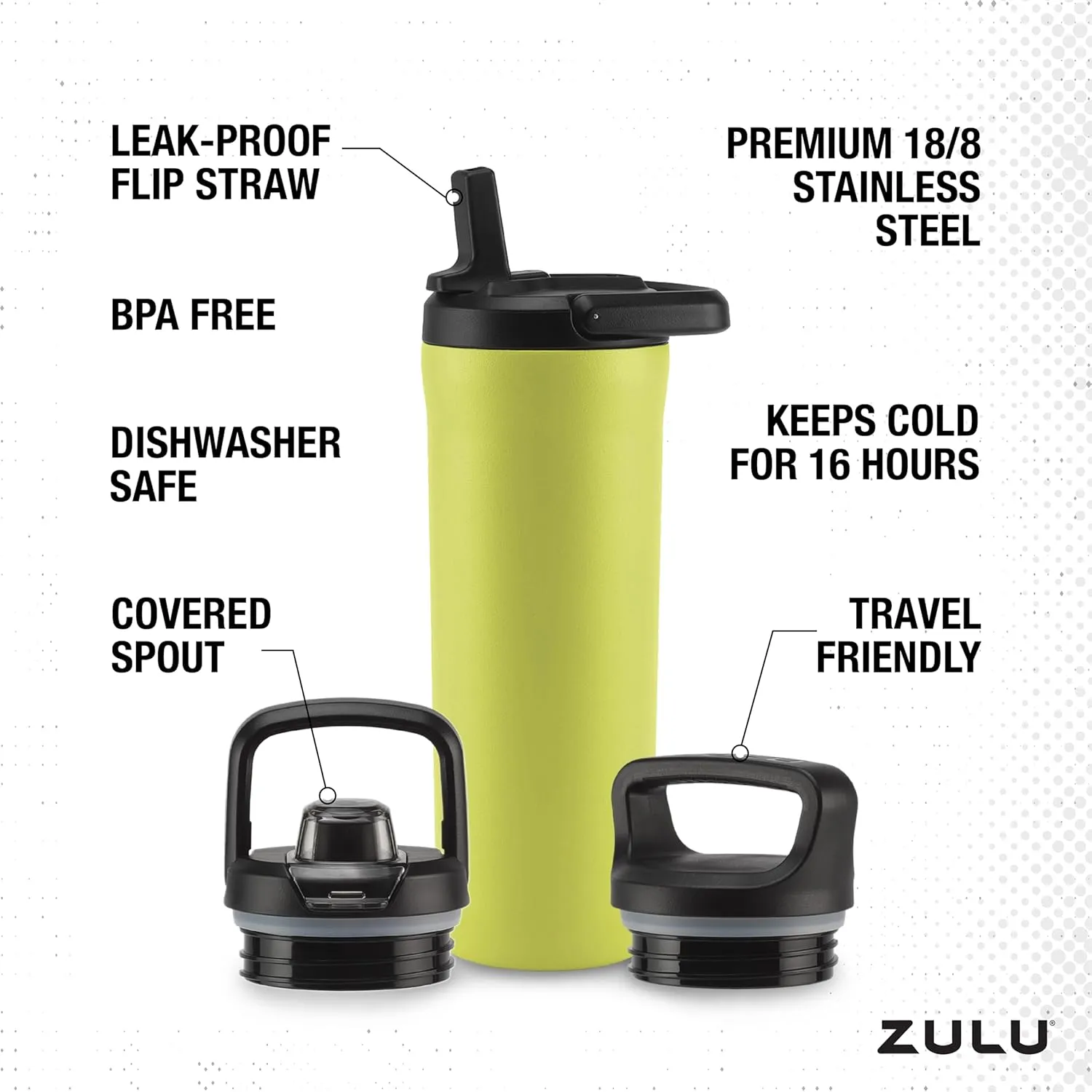 ZULU Base 18oz Kids Stainless Steel Water Bottle with 3 Lids- Straw, Chug, Twist | Double Walled and Vacuum Insulated Metal Thermos | Fits Car Cupholder, Built in Carry Loop, Dishwasher Safe, Guac
